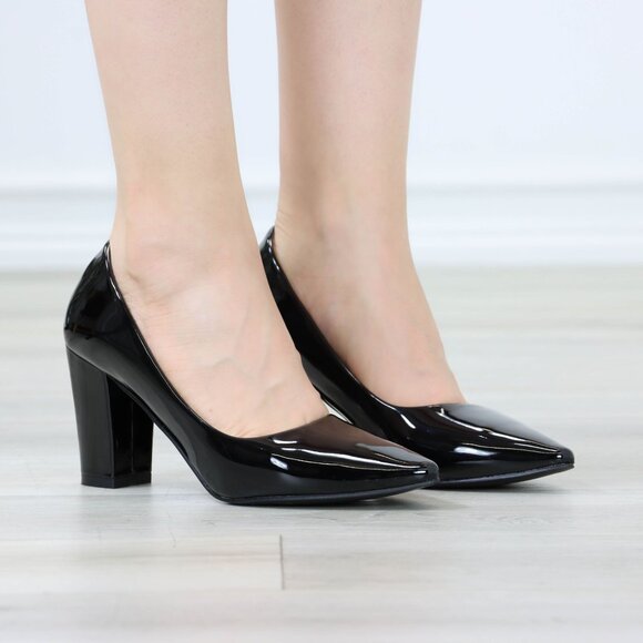 Classic Black Patent Block High Heel Slip On Pointed Toe Pumps Office Wear - Picture 1 of 10